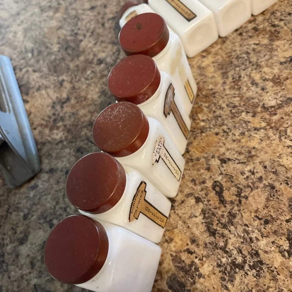 12 Vintage Griffith Milk Glass Spice Jar Set Lot Red Caps Art Deco Retro Labels